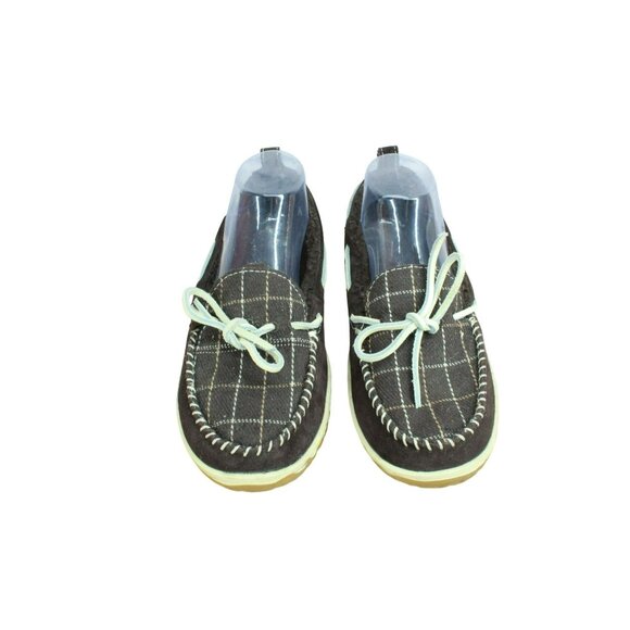 LL Bean Plaid Lined Brown Suede Shearling Lined Moccasin Slippers Size 8 M - Picture 5 of 9